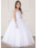 White Beaded Lace Tulle Long Flower Girl Dress